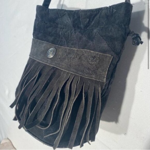 Vintage Leather Patchwork Black Brown Colour Block Bucket Bag Purse With Fringe - Picture 2 of 12